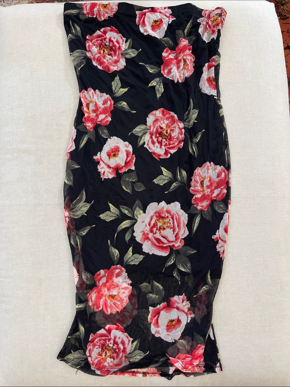 Strapless Black Floral Bodycon Dress with Pink Roses